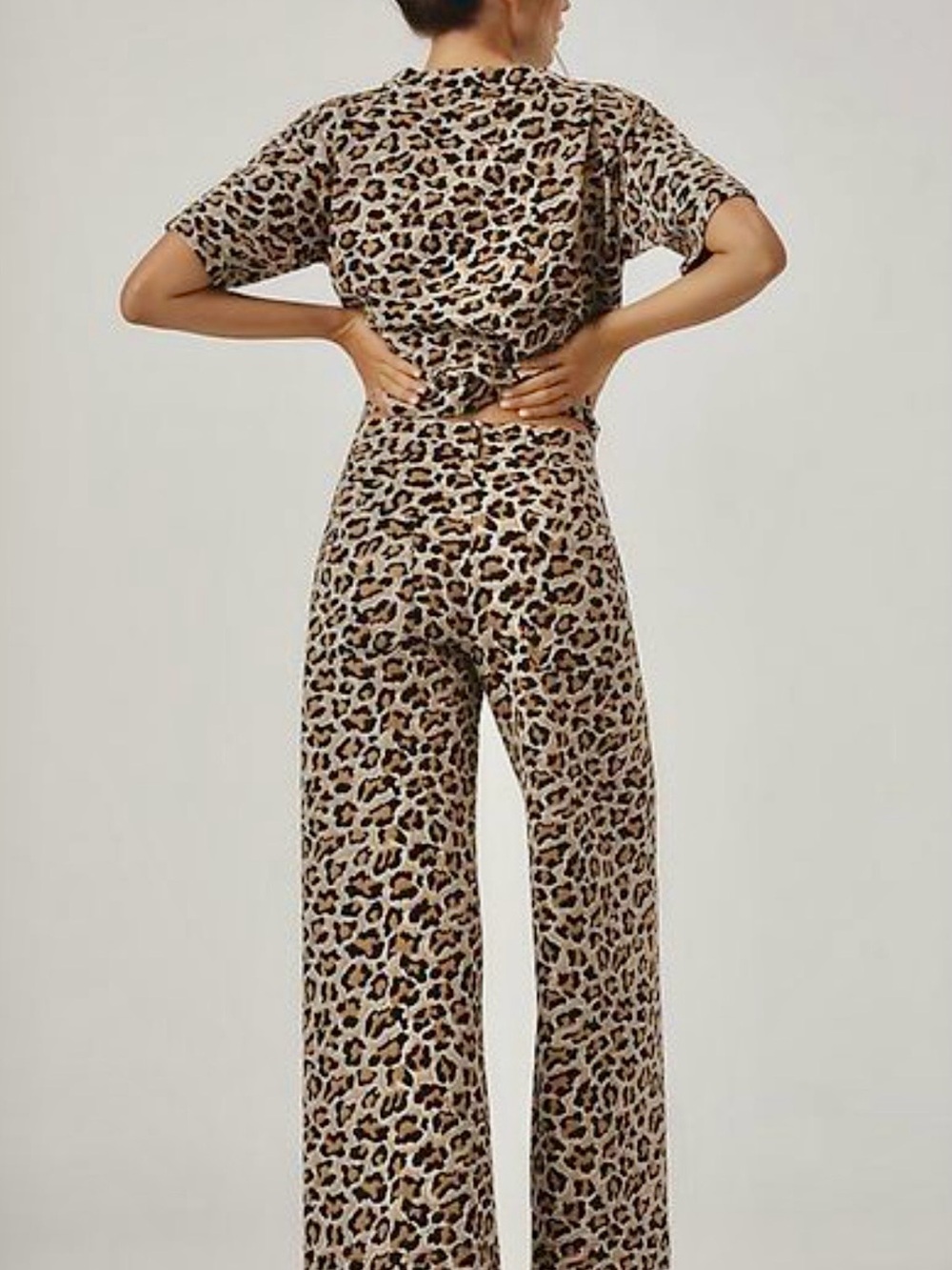 Maeve Beige & Black Leopard-Print Wide Leg Pants Matching Set Pants 27 Top M